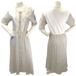 Spencer Alexis Cream Blue Button Down Long Dress Lagenlook Mixed Media Sz 10